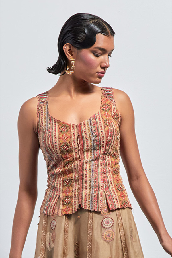 Multicolour tribal embroidered corset top+Beige Gold Motif Embroidered Skirt