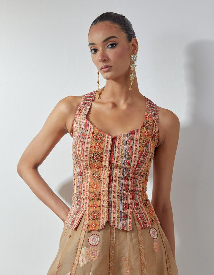 Multi Corset and Beige Skirt Set