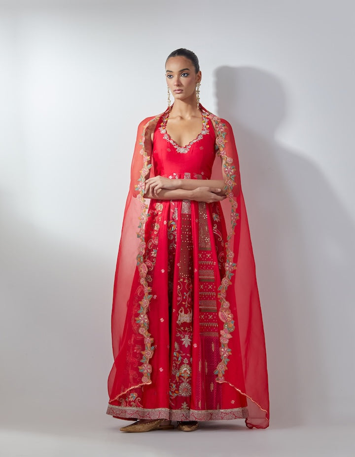 Red Embellished Anarkali Set