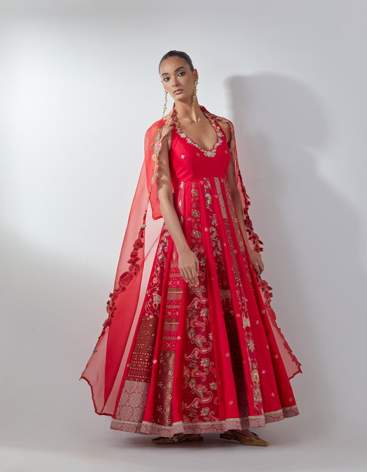 Red Embellished Anarkali Set