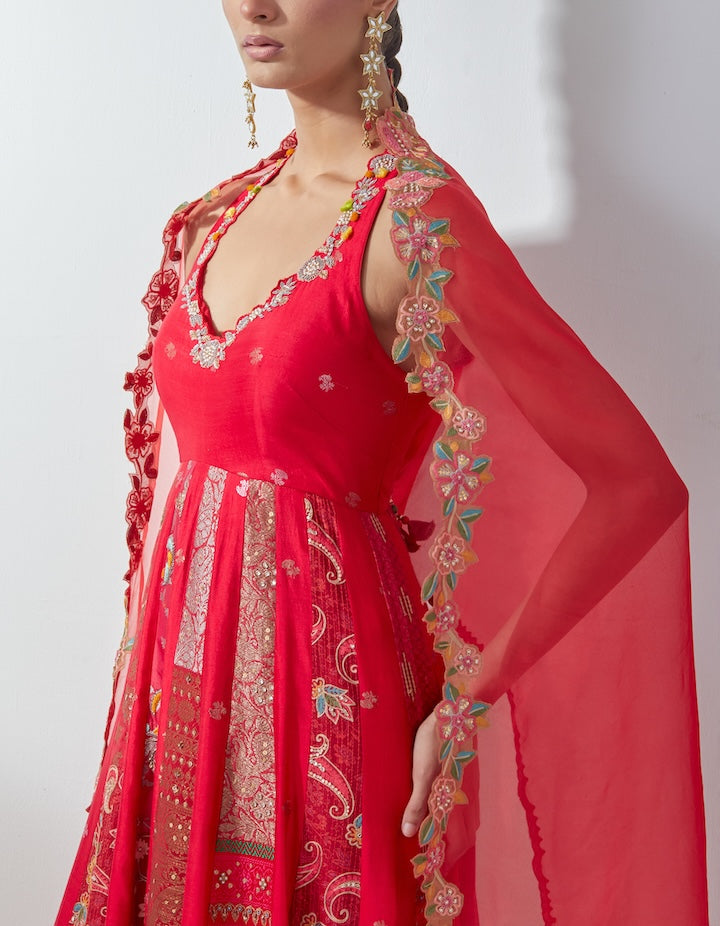 Red Embellished Anarkali Set