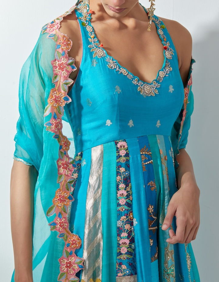 Turquoise Embellished Anarkali Set