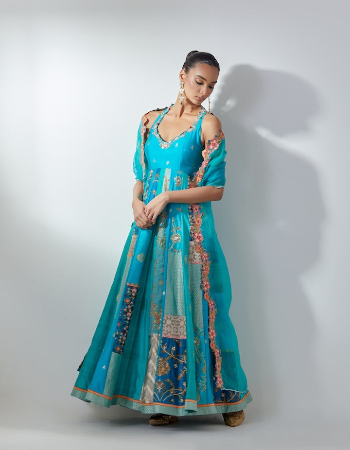 Turquoise Embellished Anarkali Set