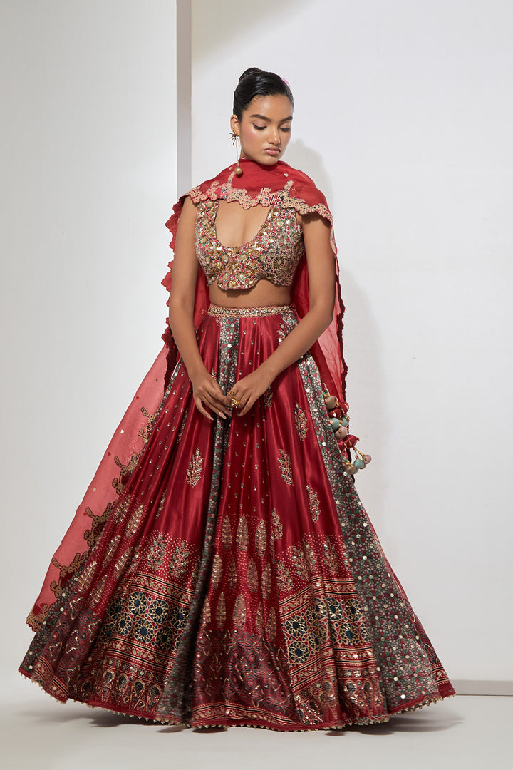 Cherry Red Ajrakh Printed Silk Lehenga Set with 3D Mirror &amp; Gota Heavy Blouse