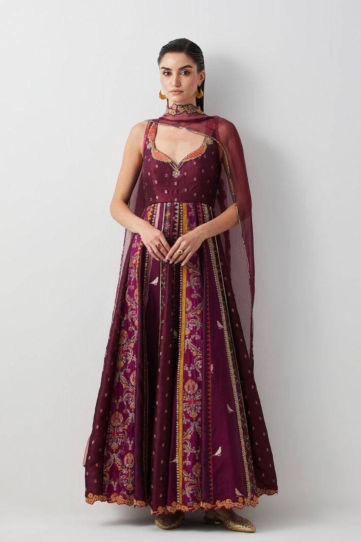 Wine Silk Embroidered Anarkali Set