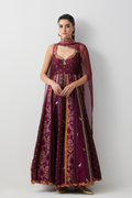 Wine Silk Embroidered Anarkali Set