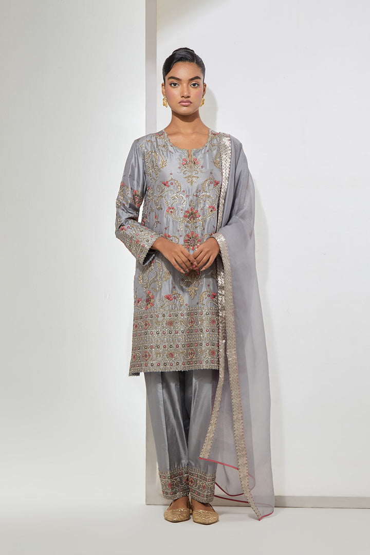Grey Embroidered Kurta Set with Dupatta