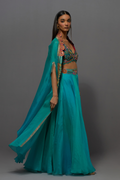 Turquoise blue embroidered skirt, cape and blouse set
