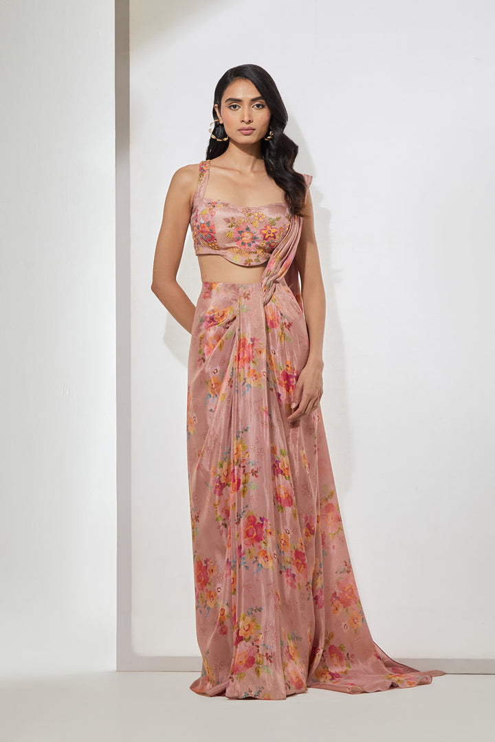 Blush Pink Floral Printed Pre-Draped Saree with Corset Blouse