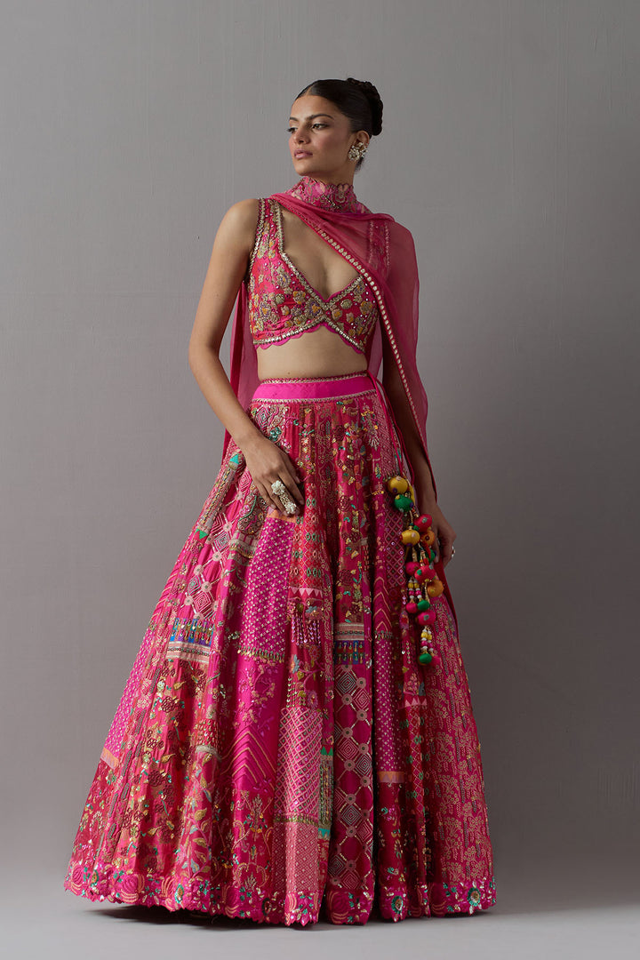 Hot pink embroidered lehenga choli with dupatta