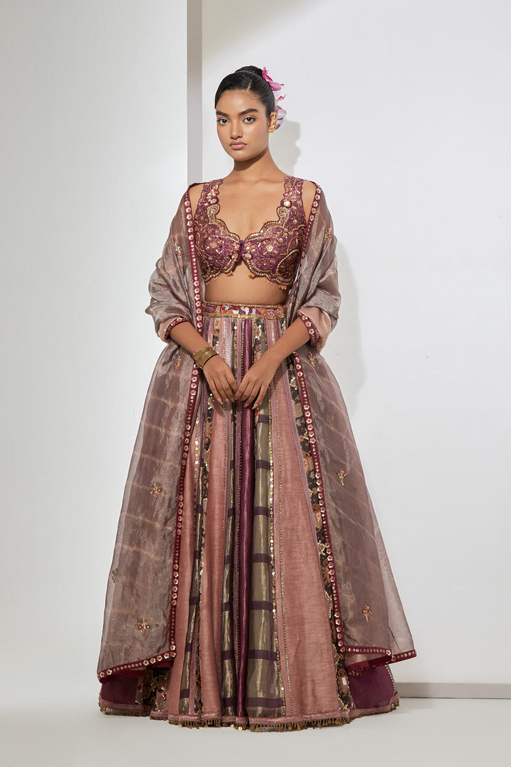 Burgundy Pink Patchwork Embellished Lehenga Set with Organza Dupatta