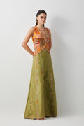 Embroidered silk jacket top with olive plazzo set.