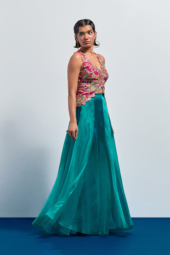 Fuchsia Embroidered Corset with Teal Organza Skirt