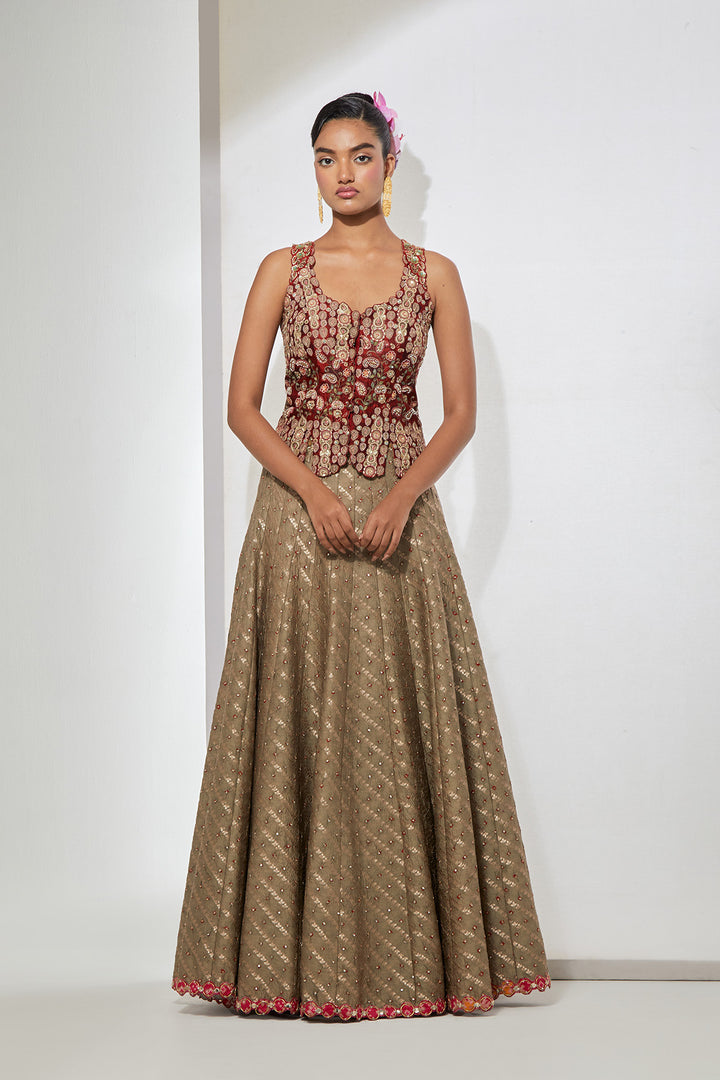 Maroon Embroidered Peplum Corset &amp; Beige Banadni Silk Lehenga