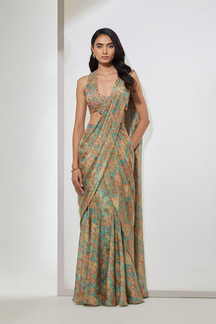 Aqua Paisley Printed Pre-Draped Saree with Corset Blouse
