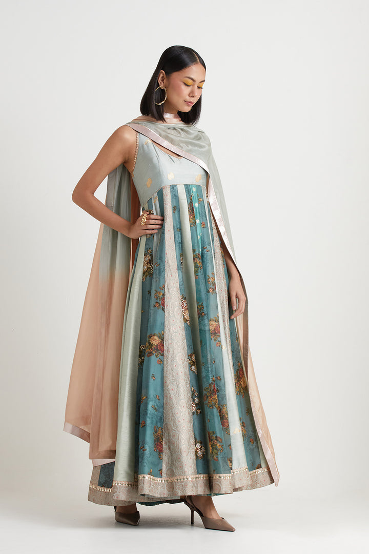 Blue embroidered anarkali gown with dupatta