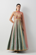 Aqua Silk Hand Embroidered Anarkali Set with Organza Dupatta