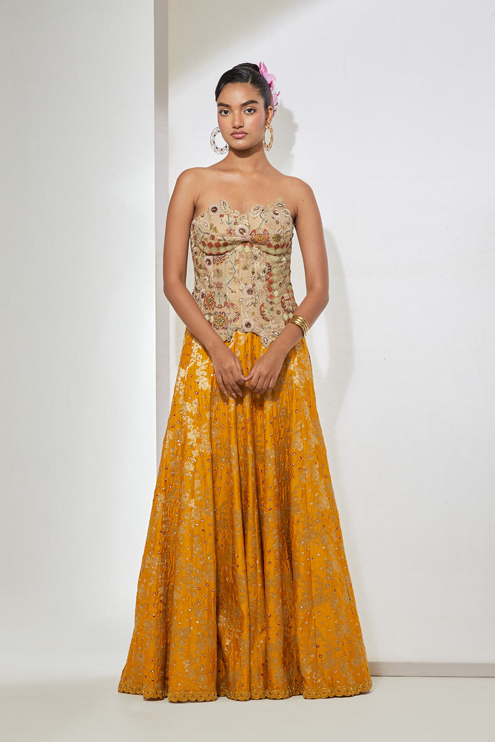 Antique Gold Floral Strapless Corset &amp; Mustard Bandani Silk Lehenga