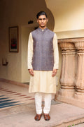 Beige kurta set with embroidered nehru jacket