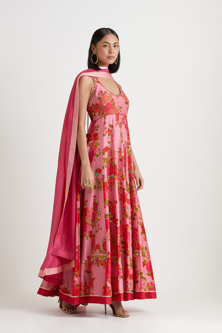 Pink printed embroidered anarkali gown with dupatta