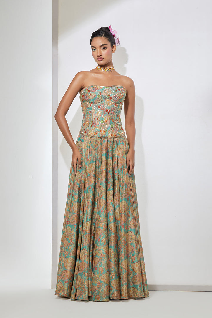 Aqua Paisley Embellished Corset with Printed Skirt Set