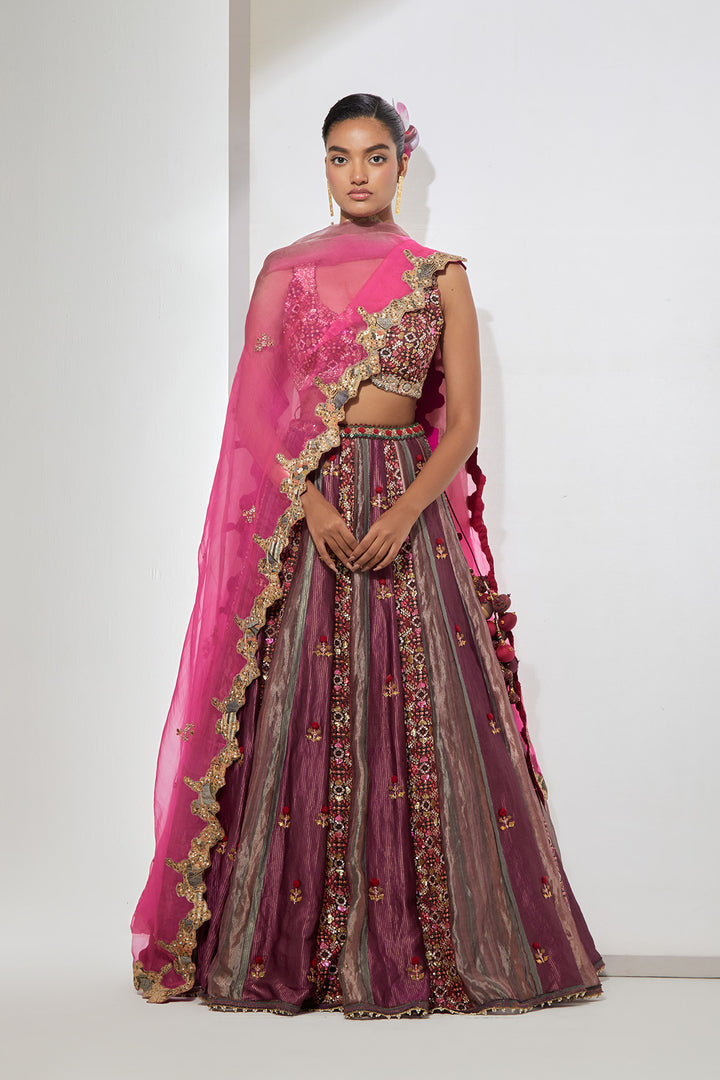 Wine Embroidered Lehenga Set with Organza Dupatta