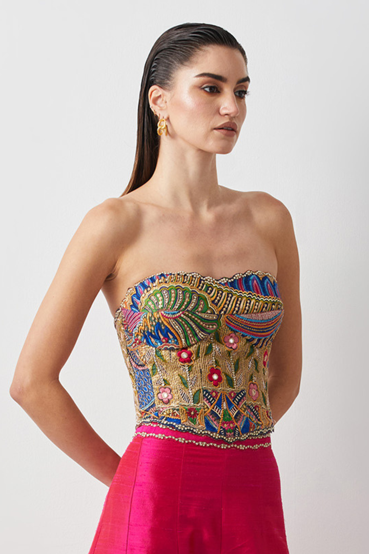 Multicolor Garden Embroidered Corset+Fuchsia High-Waist Pleated Palazzo Pants