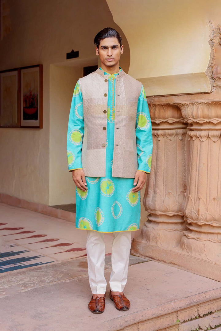 Ferozi Silk Kurta Set with Beige Tissue Jacket