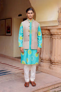 Ferozi Silk Kurta Set with Beige Tissue Jacket