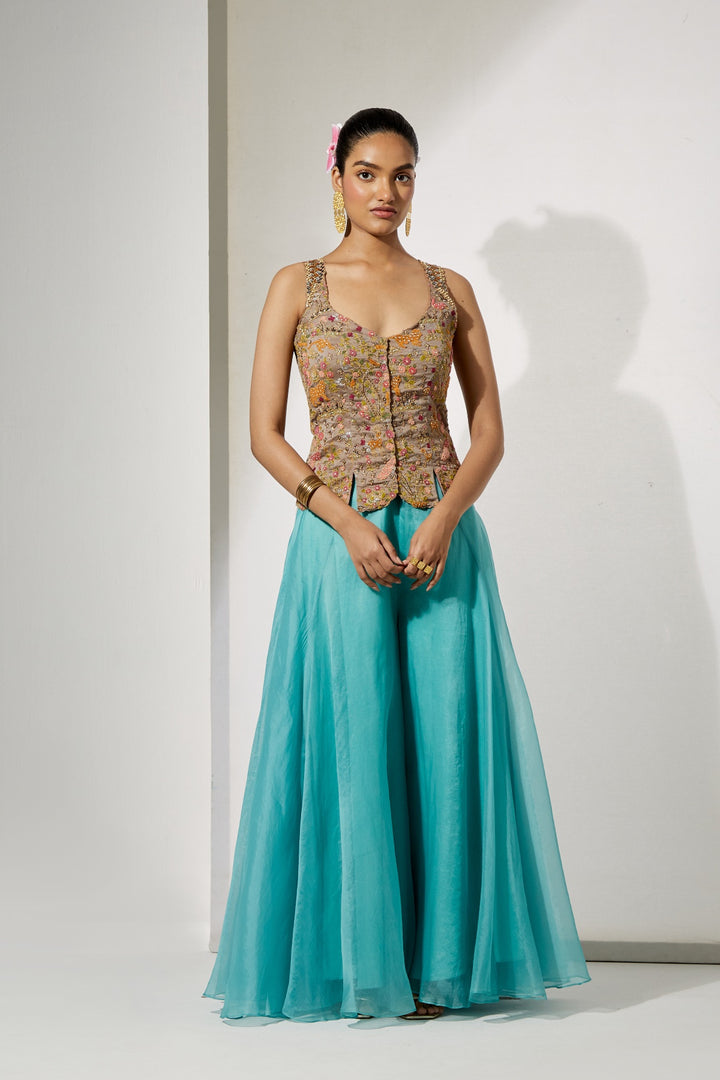 Mustard Cheetah &amp; Floral Threadwork Waistcoat