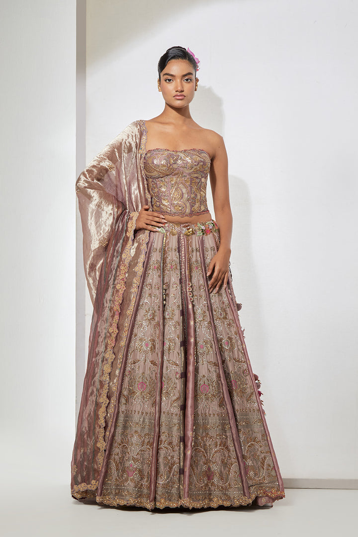 Mauve Blush Multi-Panel silk brocade Lehenga Set with Heavy Hand-Embroidered Corset Blouse