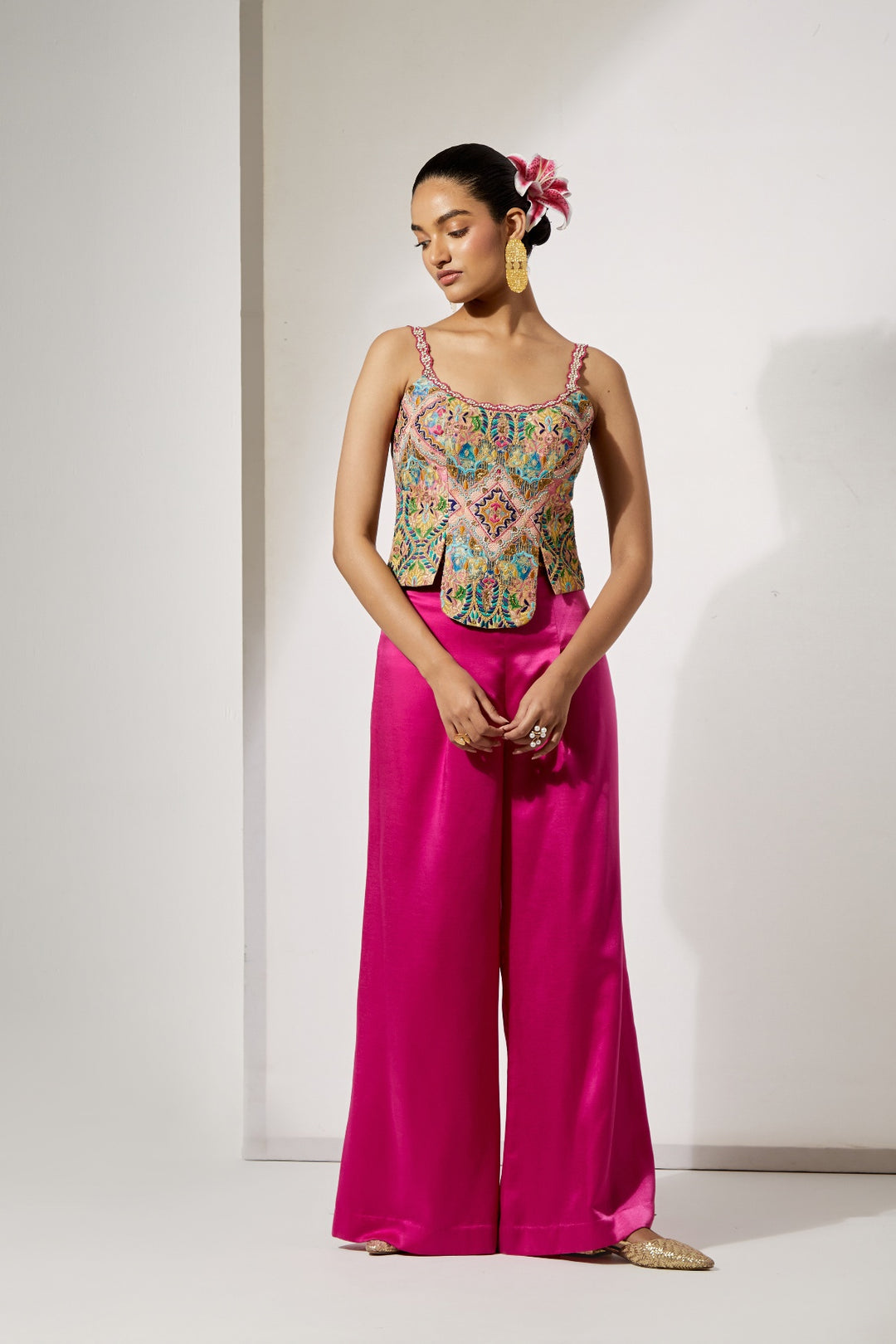 Fuchsia Embroidered Corset &amp; Palazzo Set