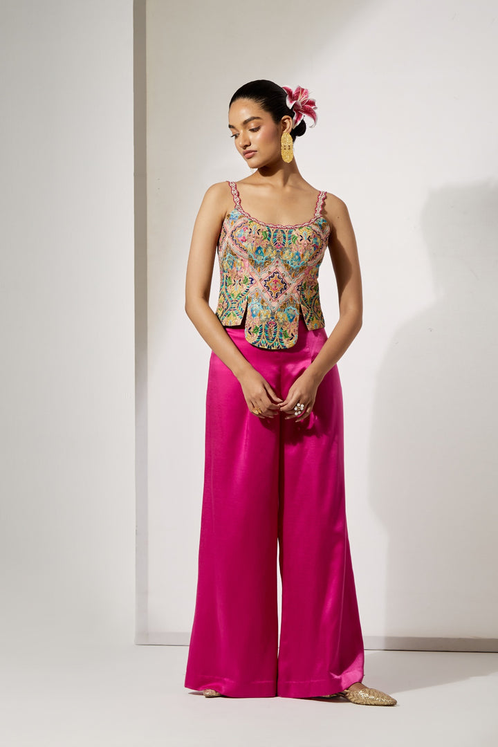 Fuchsia Embroidered Corset &amp; Palazzo Set