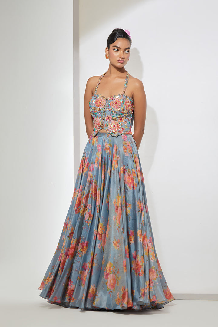 Azure Bloom Embroidered Corset &amp; Printed Skirt Set