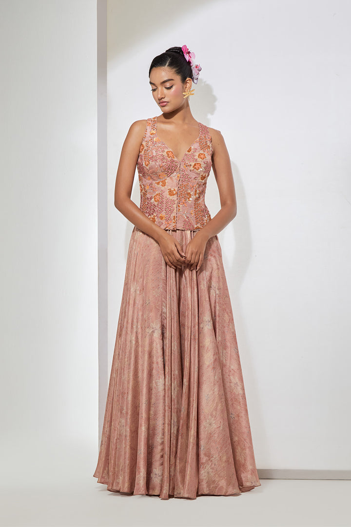 Blush Pink Embellished Corset with Brocade Skirt Set