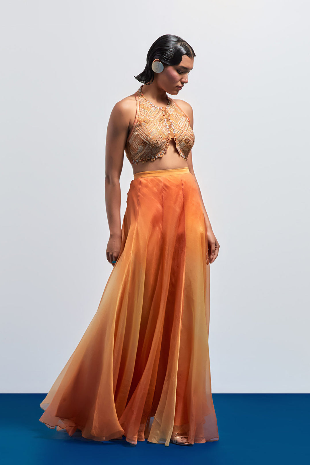 Yellow orange ombre embroidered skirt set
