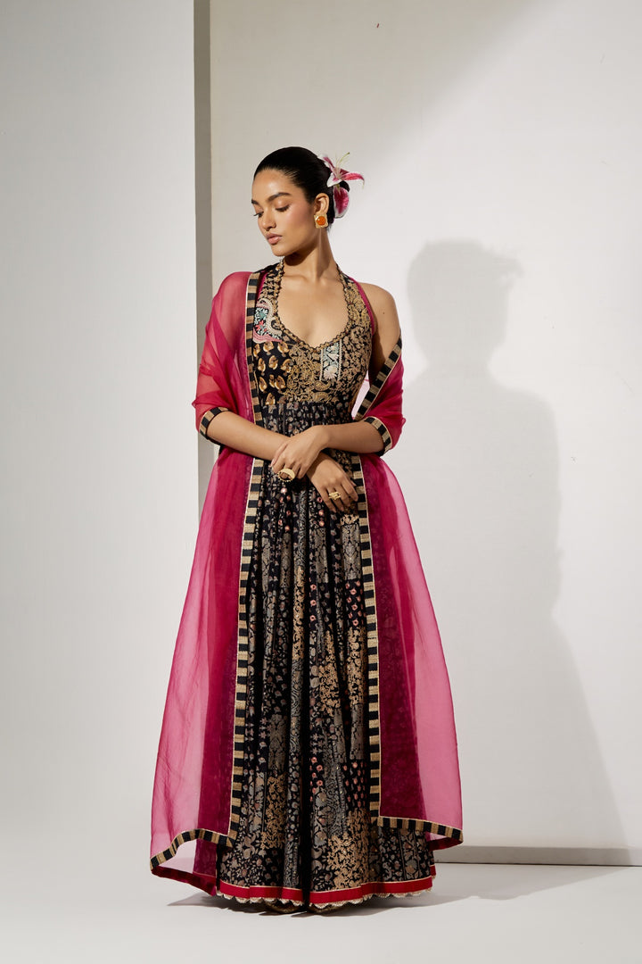 Noir Zari Silk Anarkali Set | RTS