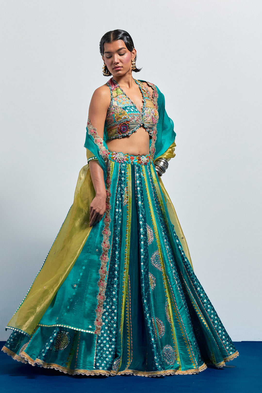 Sea green multi colour embroidered lehenga set