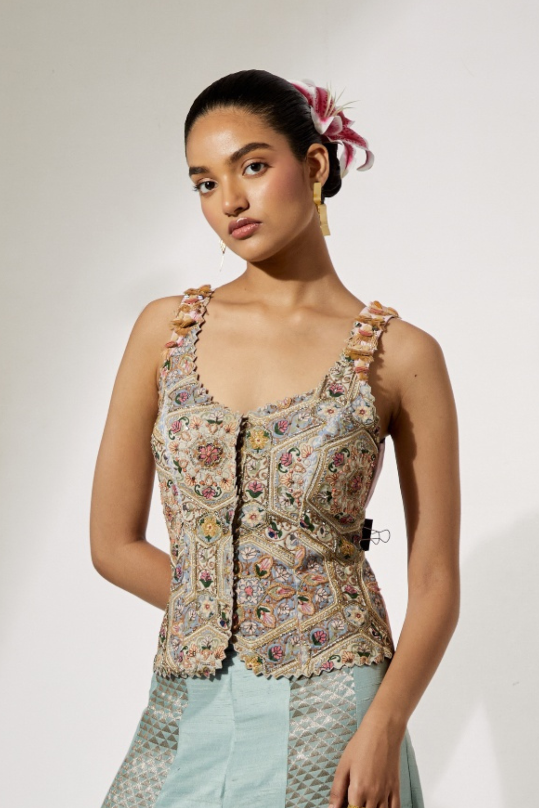 Ivory Multi-Floral Threadwork Corset Vest+Turquoise Organza Flared Skirt