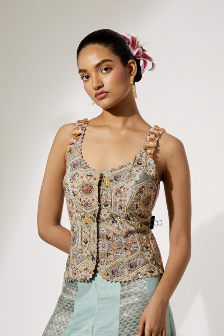 Ivory Multi-Floral Threadwork Corset Vest+Turquoise Organza Flared Skirt