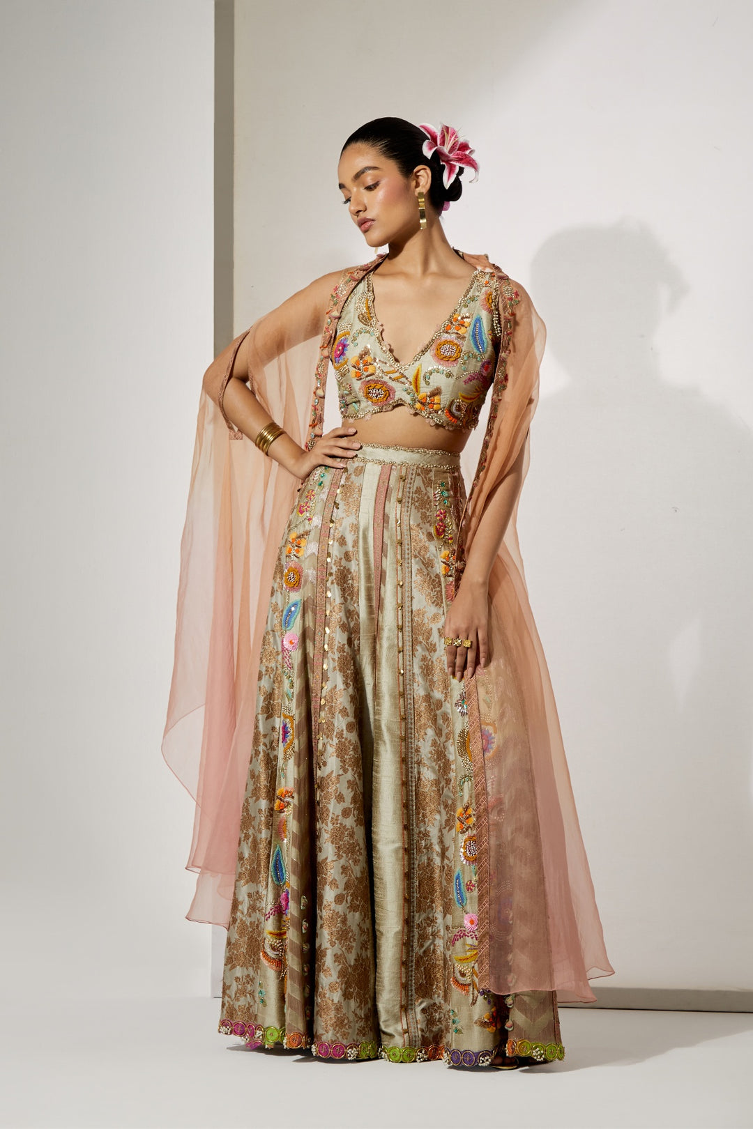 Beige Gold Embroidered Sharara Set with Organza Cape