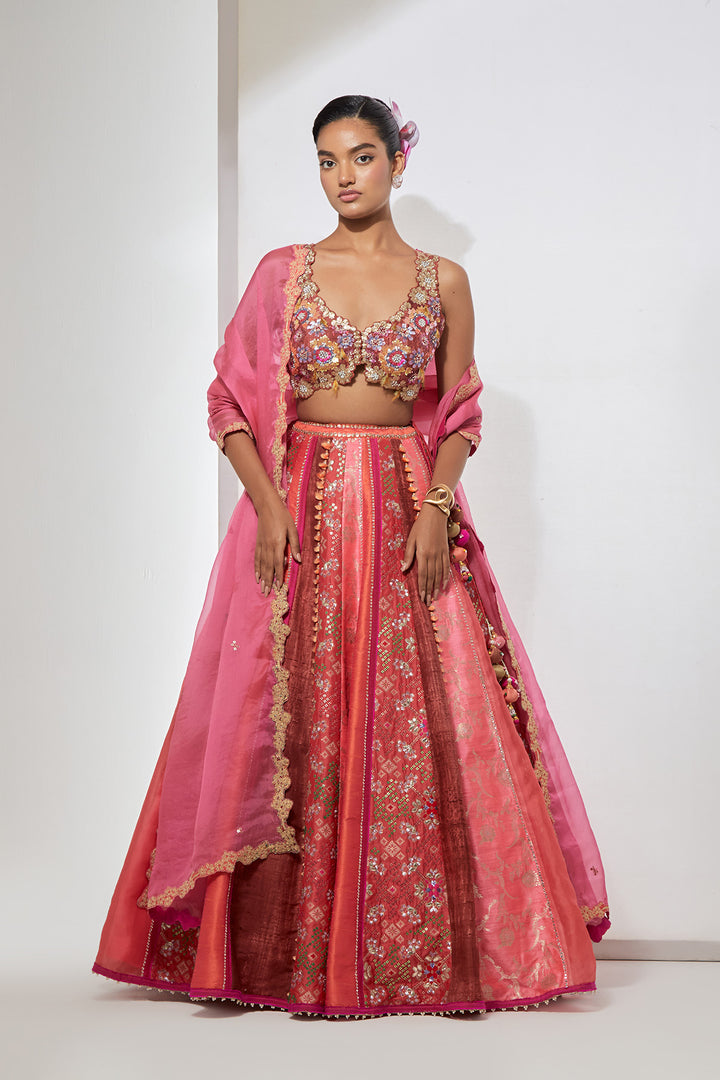 Peach Pink Embroidered Lehenga Set with Dupatta