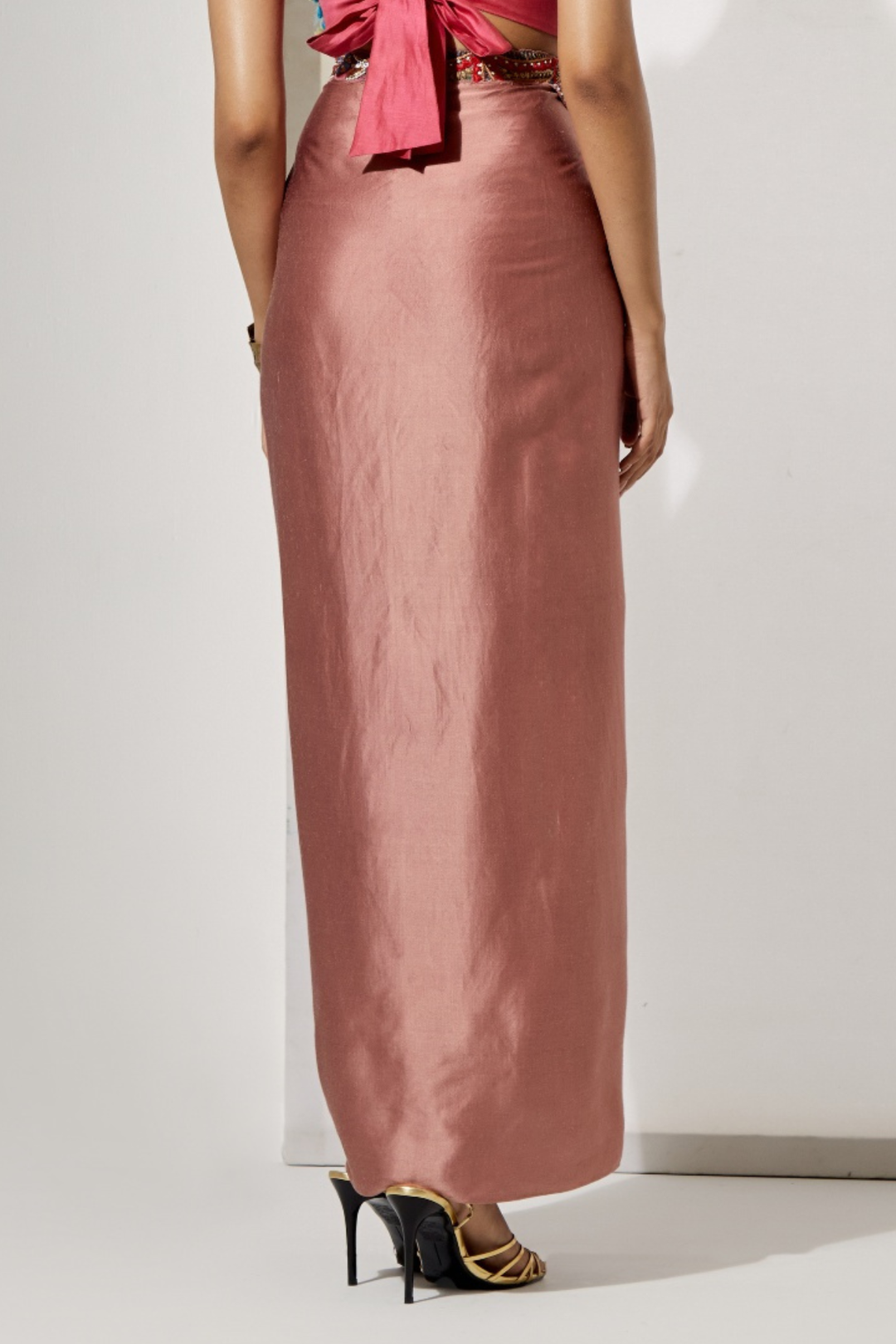 Rust Red Multi-Thread Tassel Corset+Mauve Satin Draped Skirt with Pleated Waist Detail