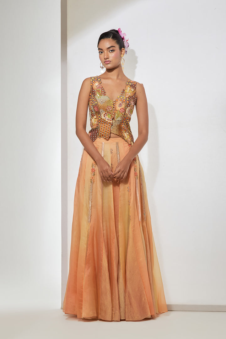 Meher Hand-Embroidered Silk Corset &amp; Organza Skirt Set