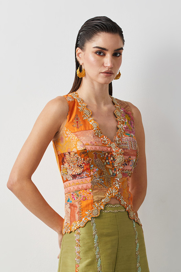 Saffron Heritage Embroidered Corset+Crimson Organza Flared Skirt