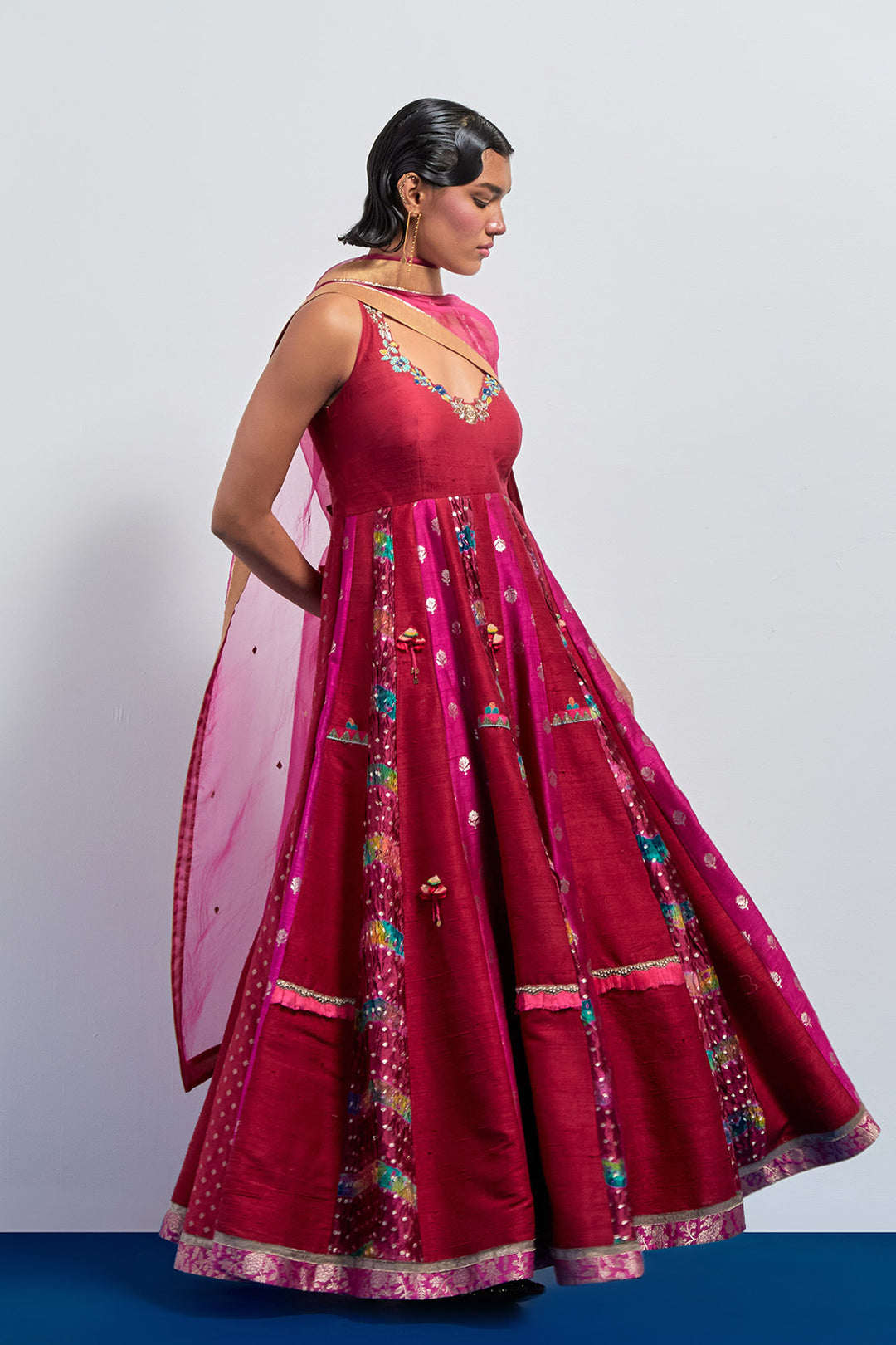 Magenta embroidered anarkali dupatta set.