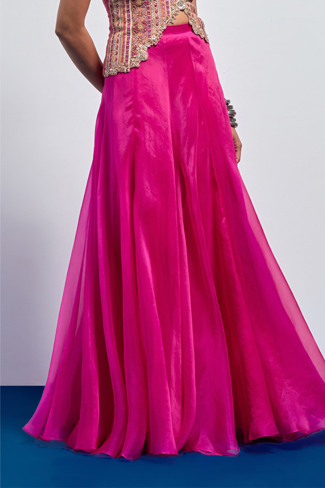Nude-Pink Embroidered Scallop Corset+Fuschia Organza Flared Skirt
