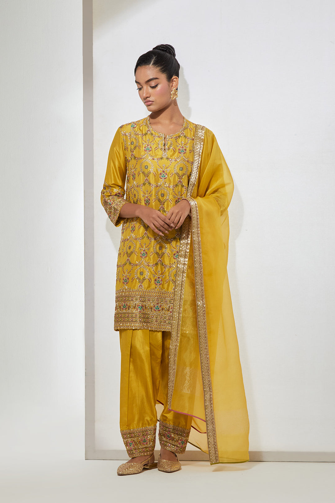 Mustard Embroidered Kurta Set with Dupatta