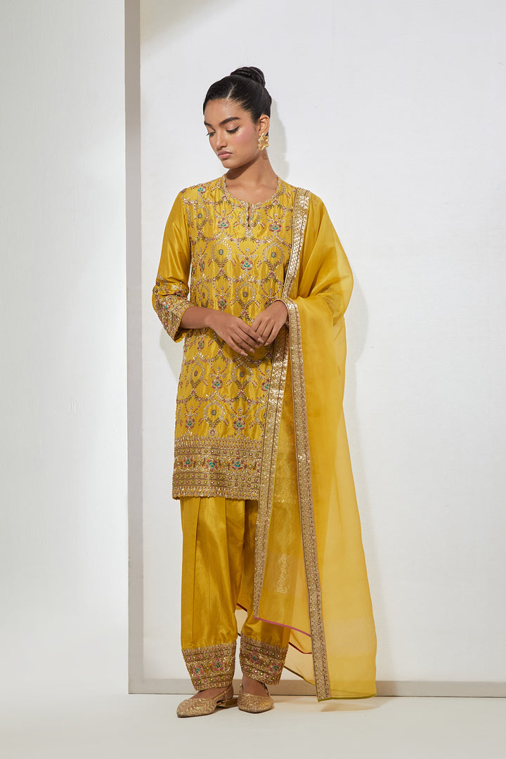 Mustard Embroidered Kurta Set with Dupatta