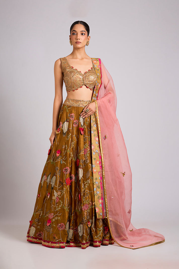Olive Gold Floral Embroidered Lehenga Set with Blush Pink Organza Dupatta | RTS